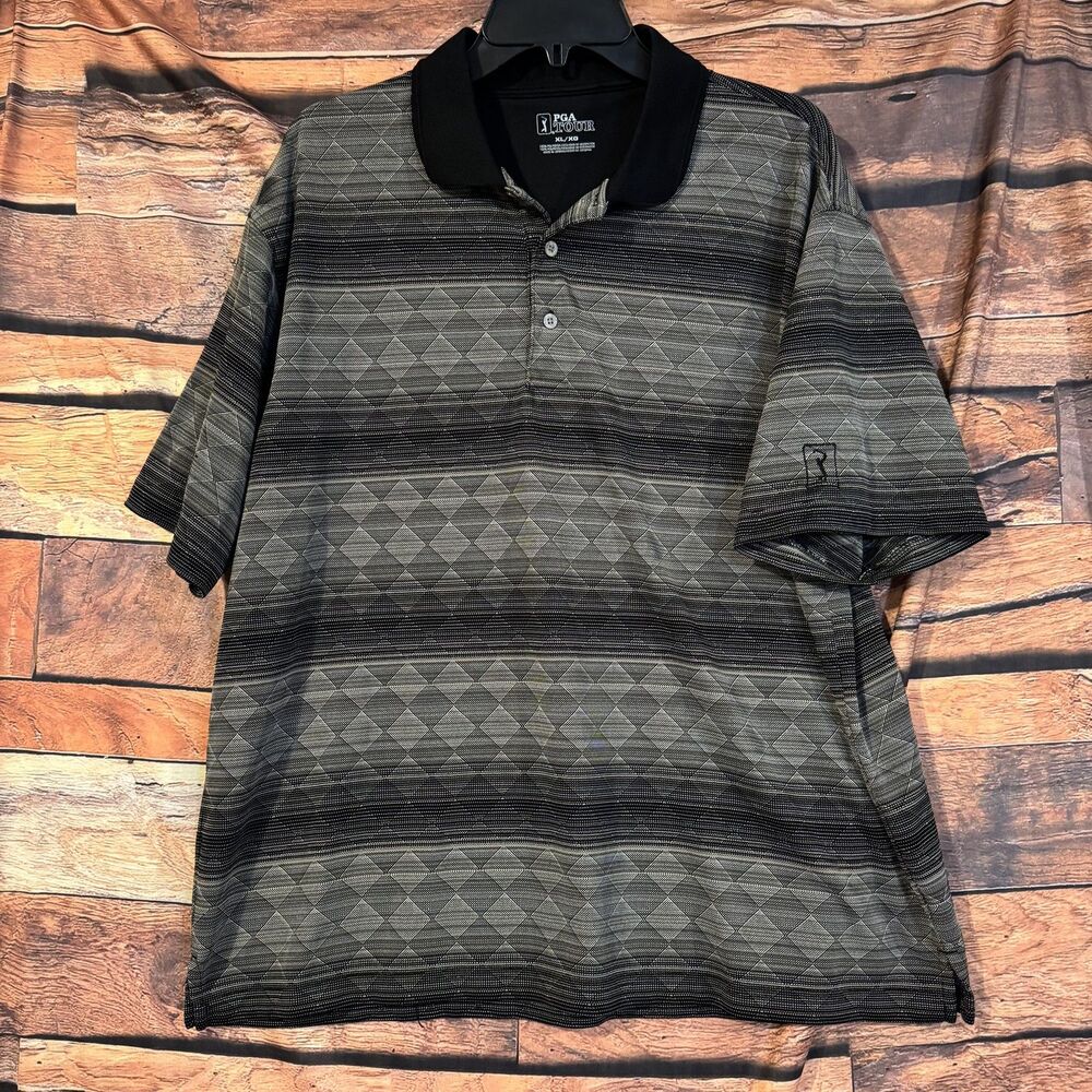 PGA Tour Men's XL Gray Black Geometric Stripe Polo Golf Shirt Performance Top